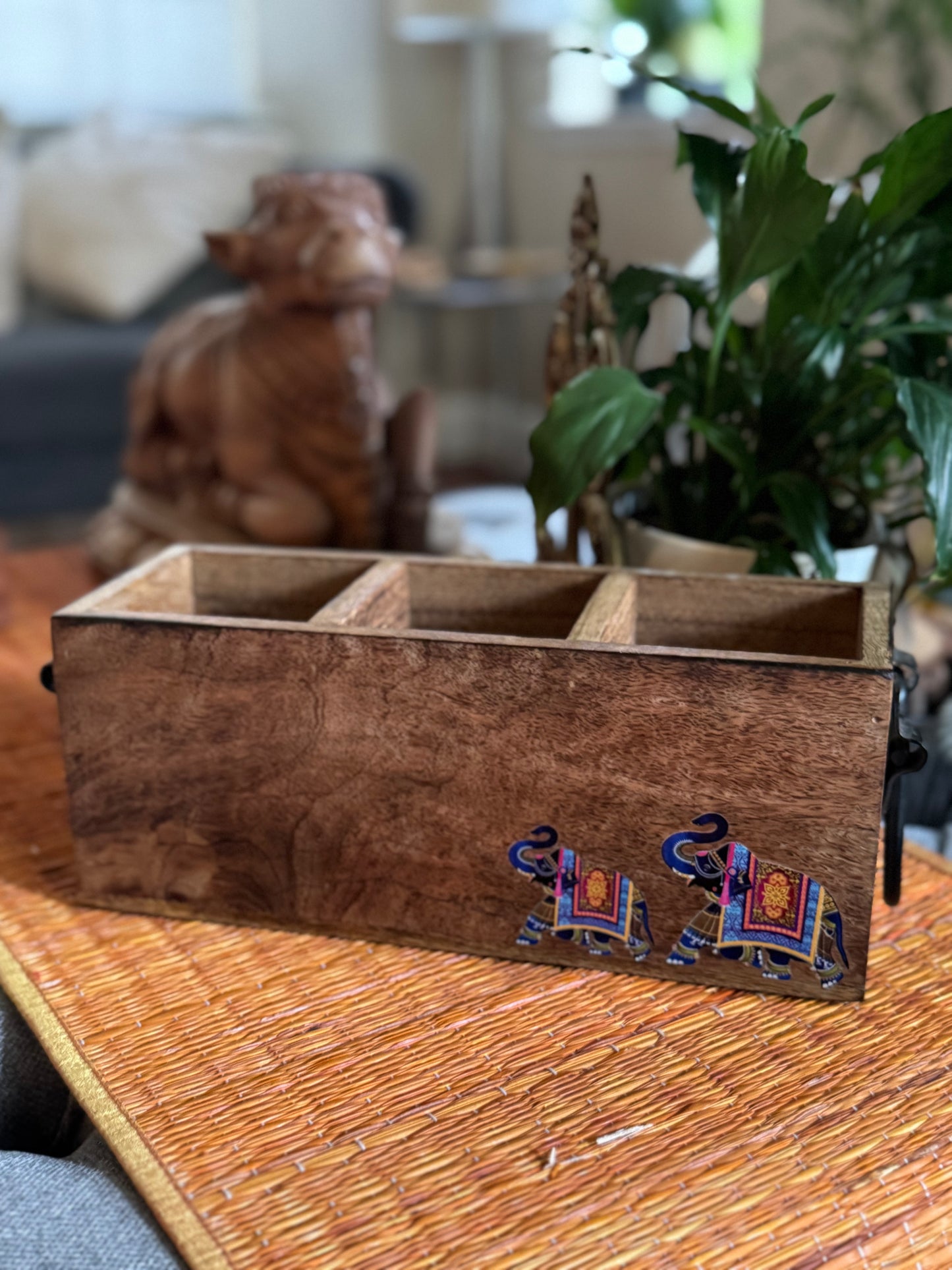 Handcrafted Wooden Organizer with Elephant