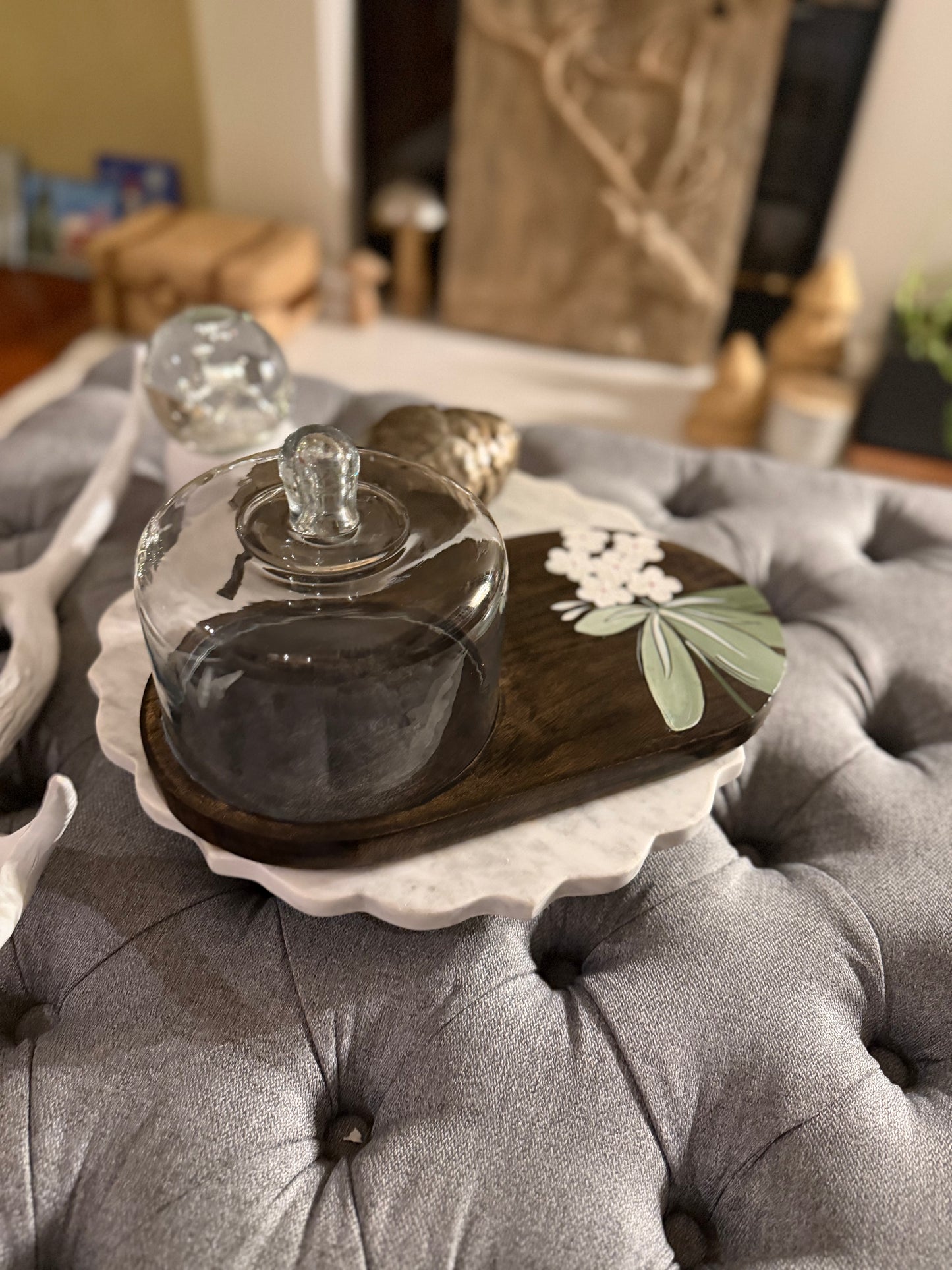 Hand painted tray with glass cloche