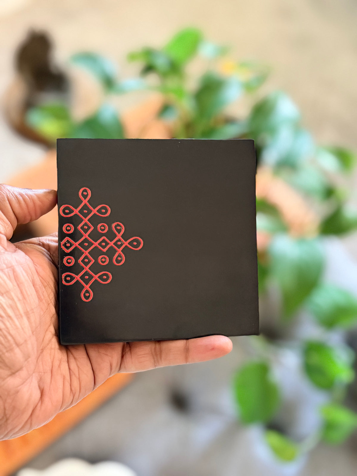 Kolam Black Granite Coaster Set with Mango Wood Holder