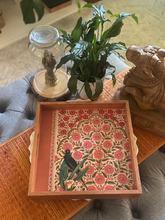 Handcrafted Wooden Tray – Parrot Motif