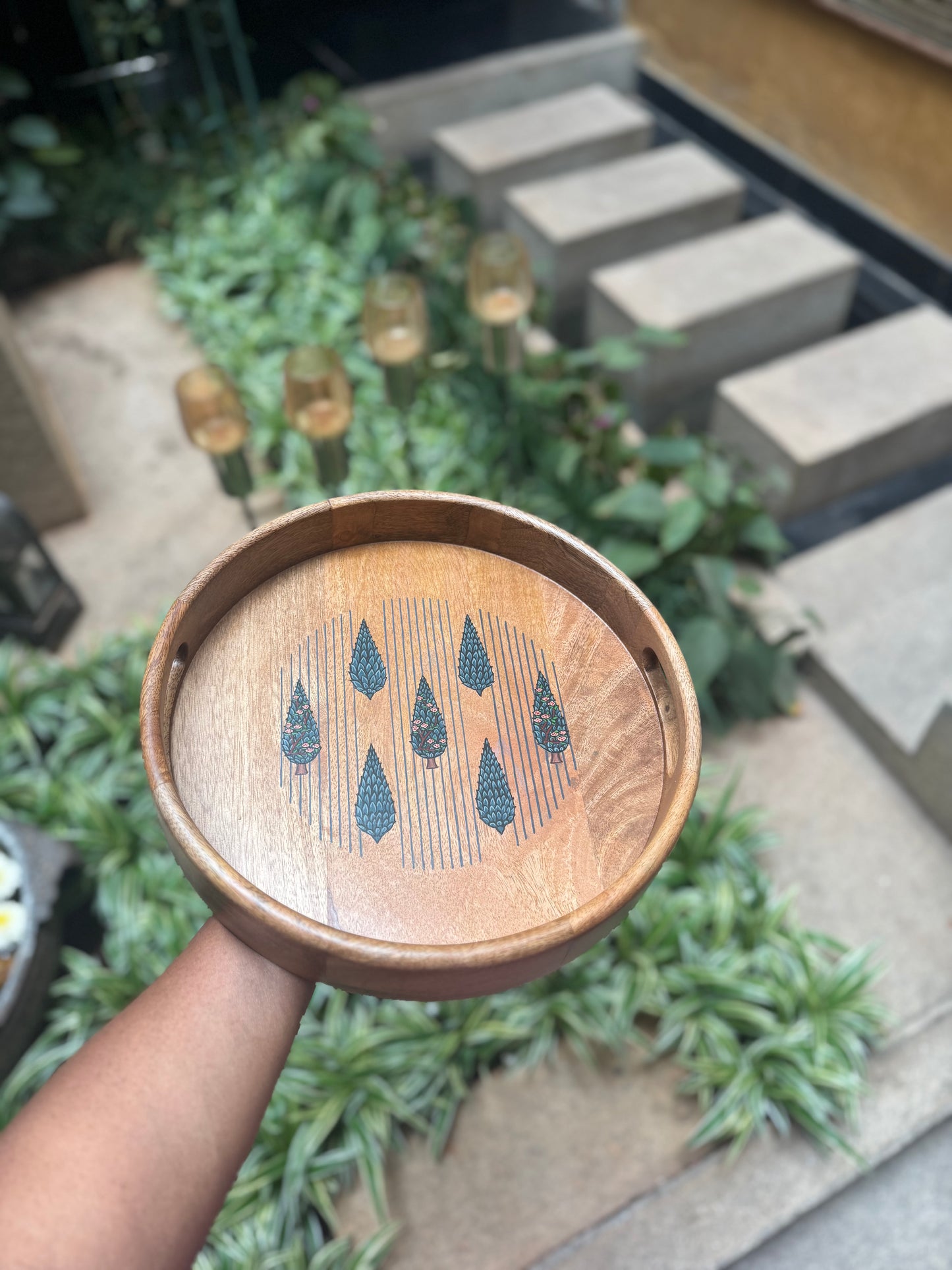 Hand-Painted Round Wooden Tray – Lone Pines Design