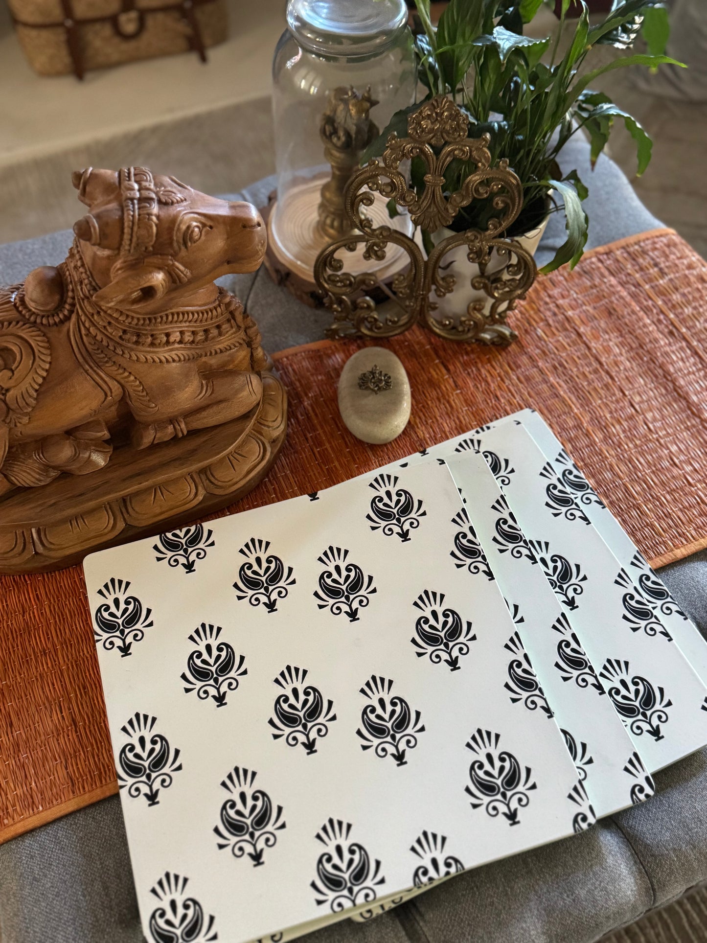 Handcrafted Wooden Placemats – Black & White Damask