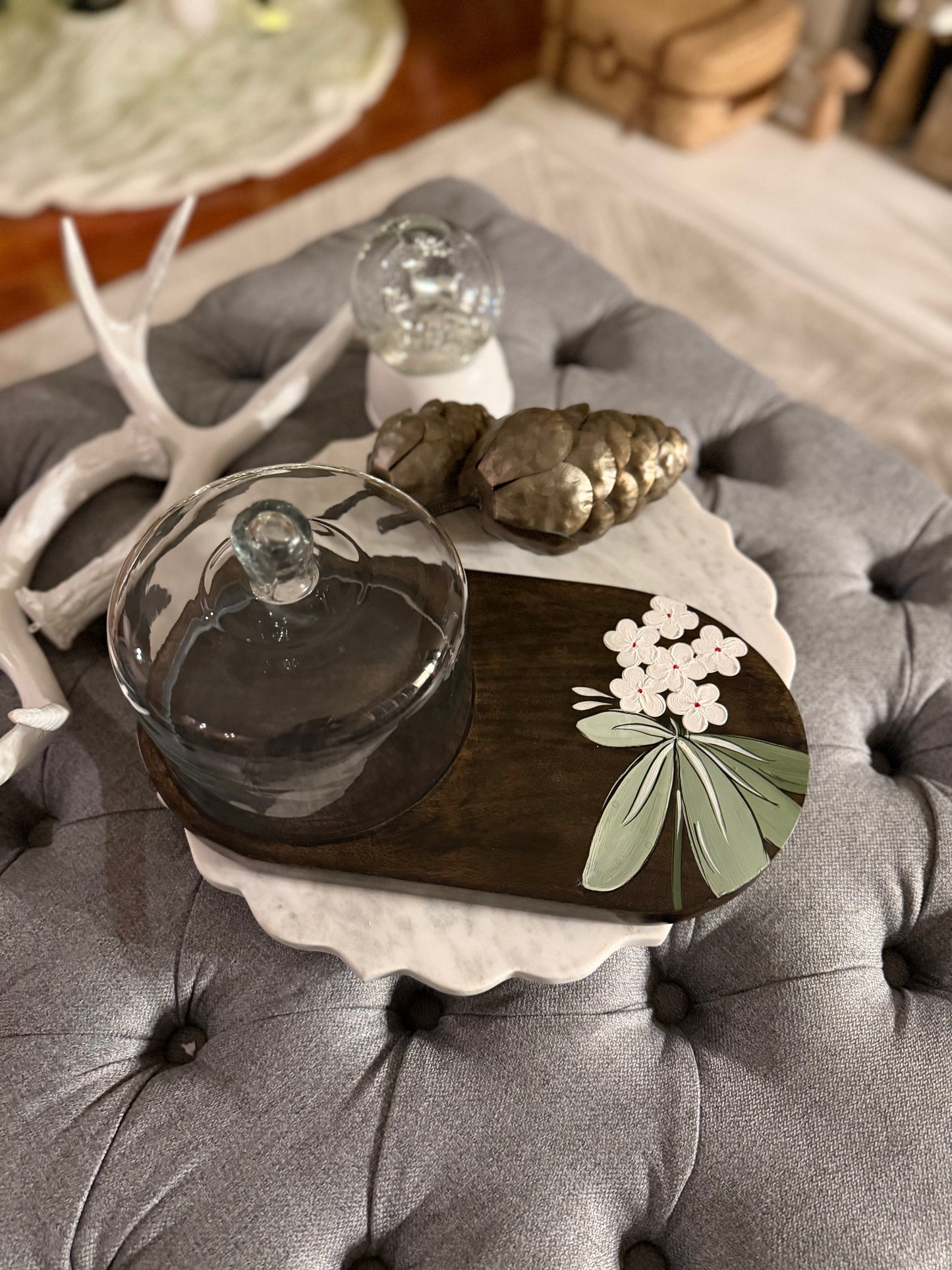 Hand painted tray with glass cloche