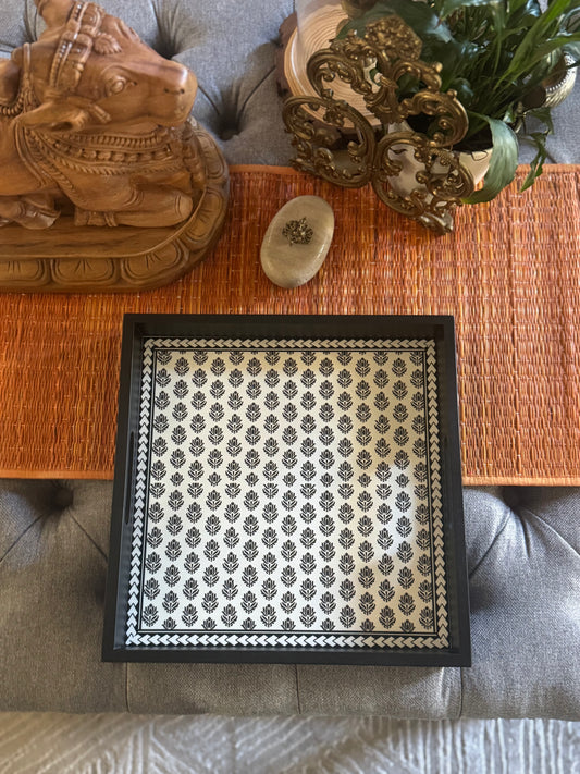 Black & White Floral Wooden Tray